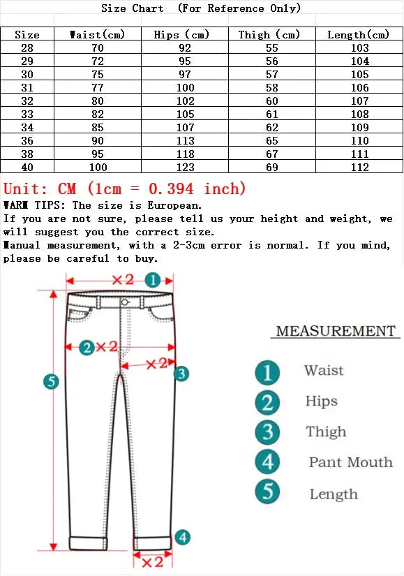 Men's black denim jeans by Simples Market with soft stretch; slim straight fit shown with size chart