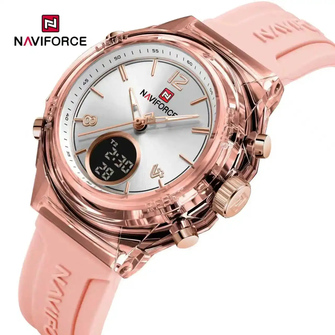 NAVIFORCE women's sports watch with rose-gold case and pink silicone strap
