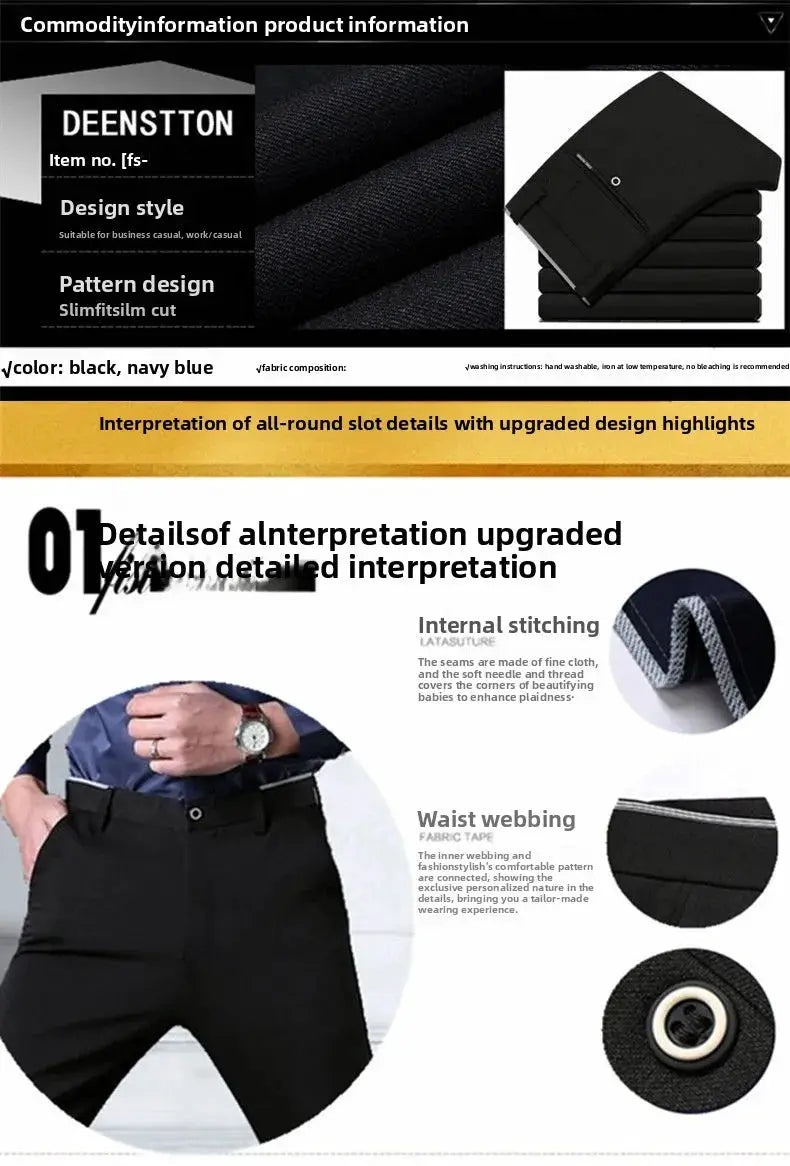 Simples Market men's elastic waist dress pants in black and navy blue, wrinkle-resistant slim-fit office chinos; multiple pairs shown.