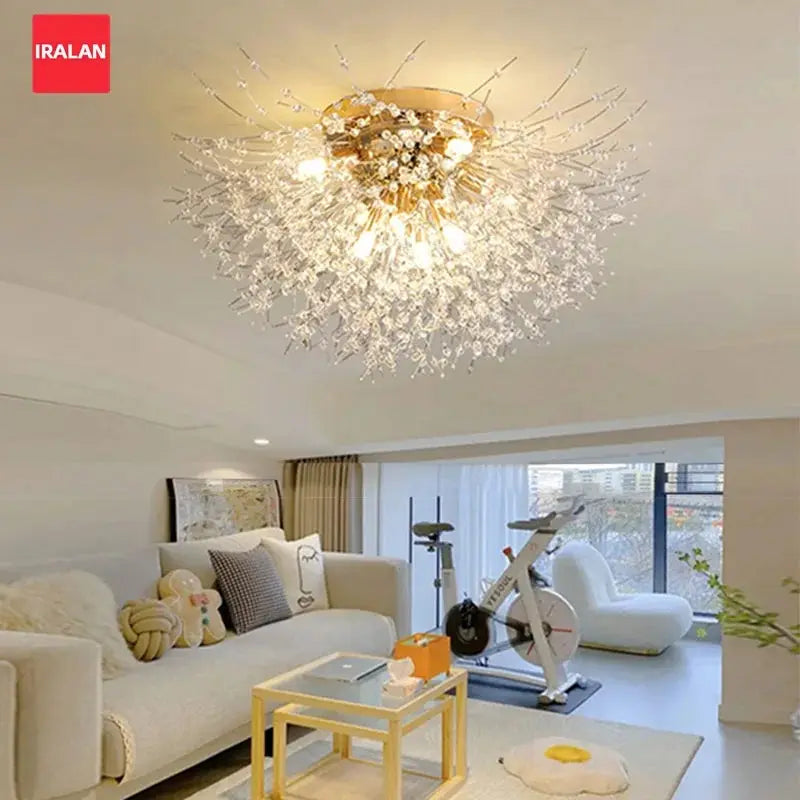 IRALAN crystal LED ceiling chandelier with gold finish and 3-color light changing.