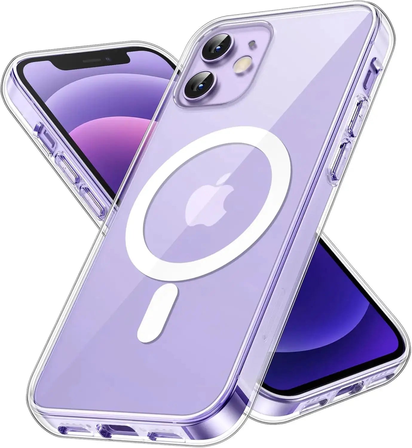 Clear MagSafe iPhone case with transparent magnetic back; two phones shown, wireless charging compatible.