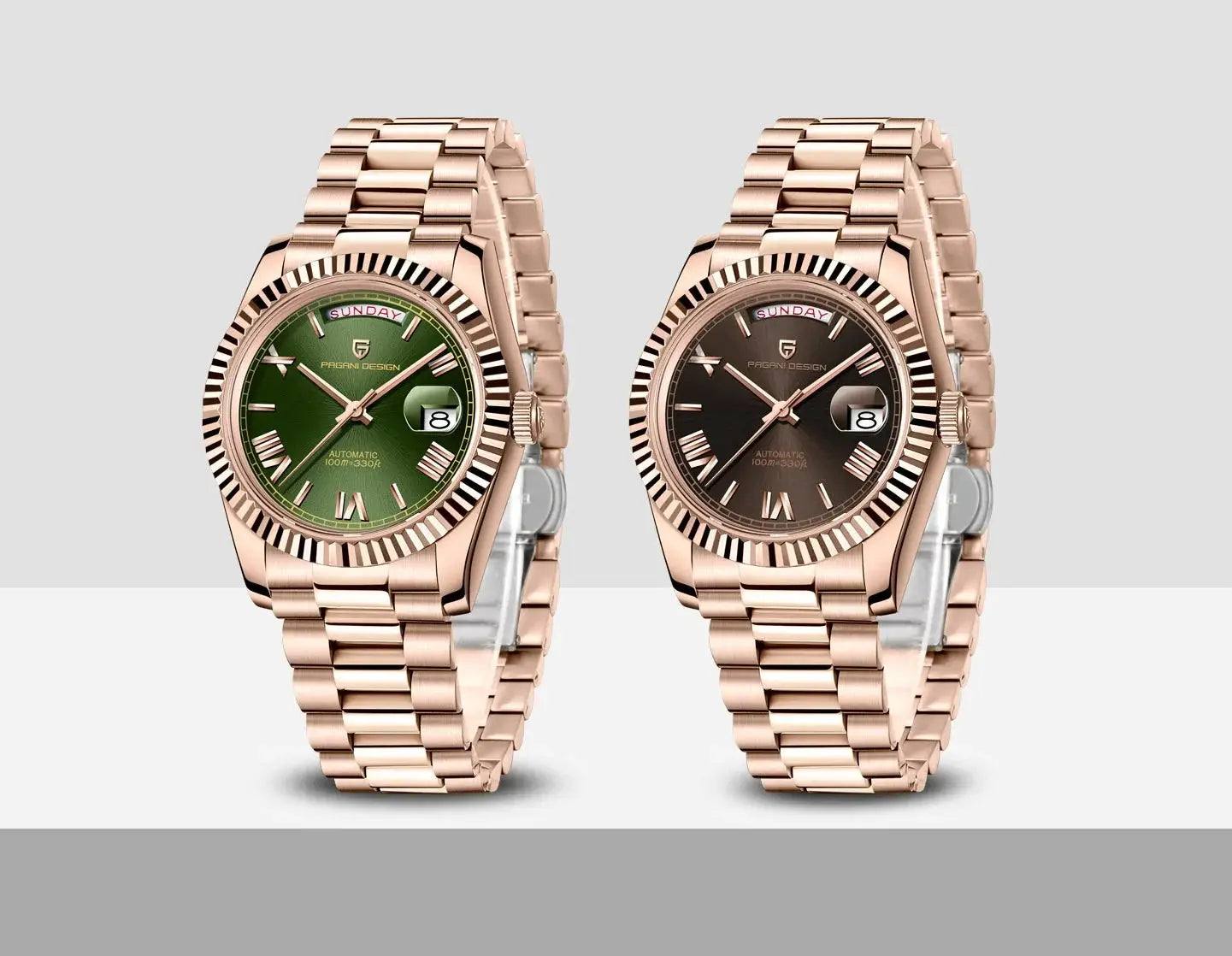 Pagani Design DD40 rose-gold stainless steel automatic watches for men, 2 watches, green and brown dials
