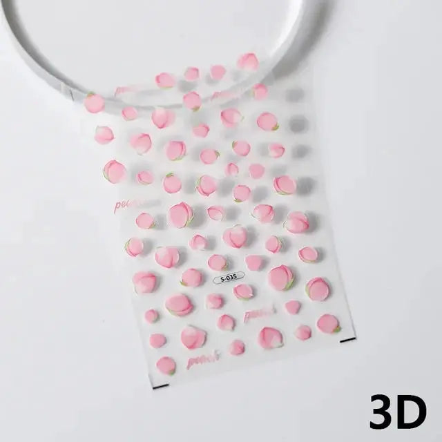 Pink translucent 5D jelly-textured nail art stickers sheet with 3D peach fruit decals; self-adhesive manicure decals.