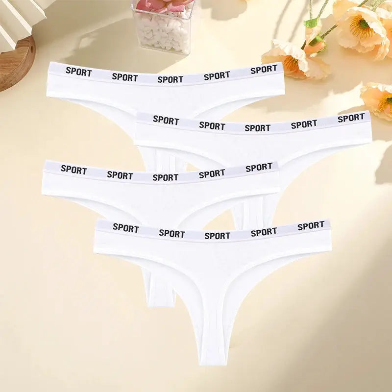 FINETOO 4-pack white cotton women's thong underwear with SPORT elastic waistband.