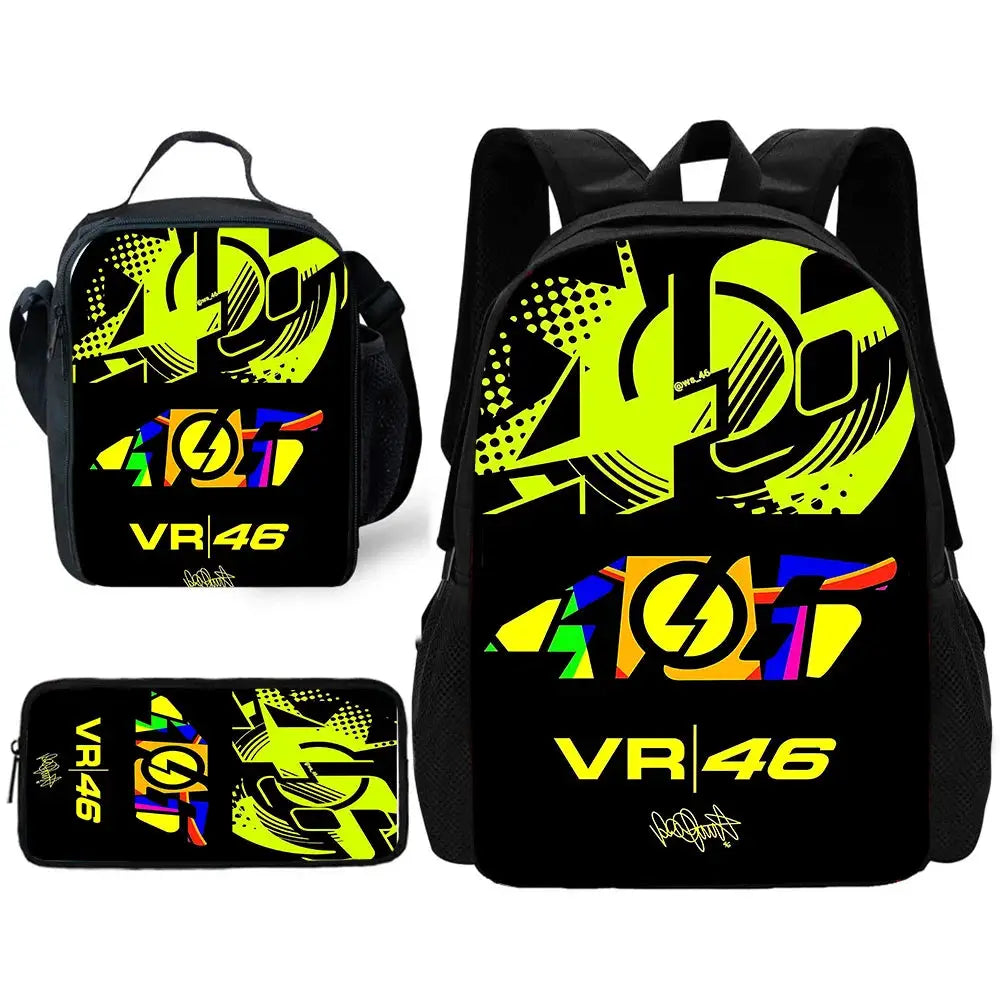 VR46 kids backpack set by Simples Market with lunch bag and pencil case in black with neon yellow graphic