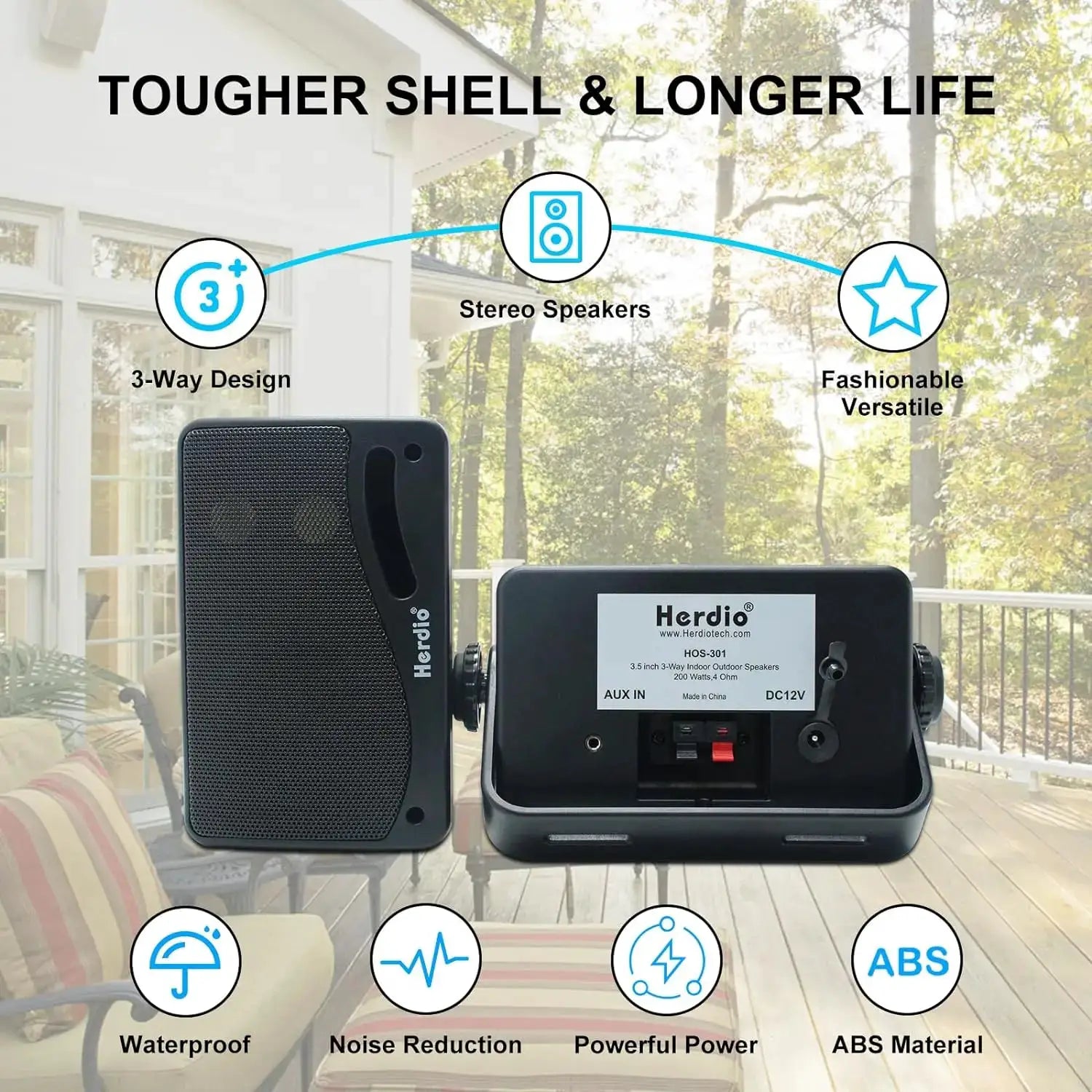 Herdio 3.5-inch outdoor Bluetooth black speaker pair; waterproof ABS construction with wall-mount capability