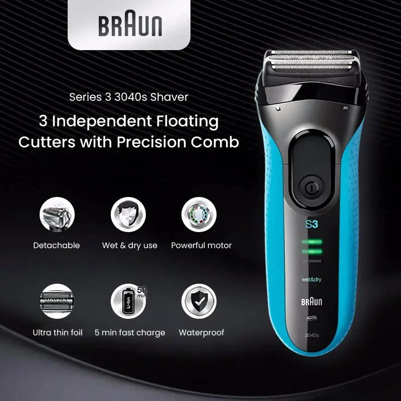 Braun Series 3 3040s electric shaver with blue panels and 3 independent floating cutters