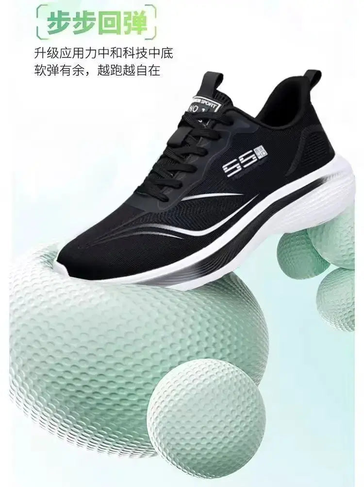 Breathable mesh men's sneakers with black upper and white sole, lightweight casual running shoes