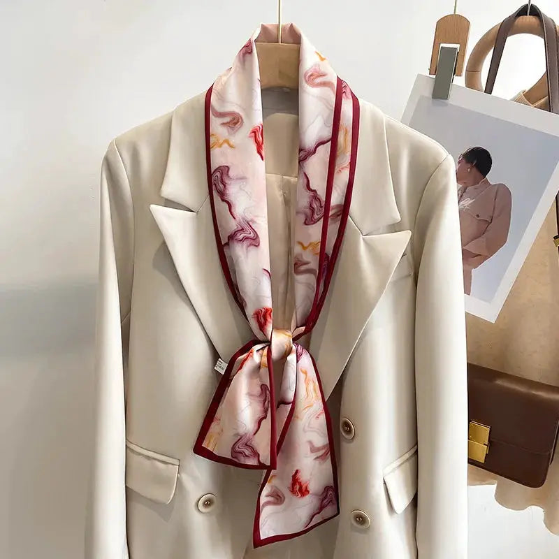 LuxeSilk Silk Feel Printed Design Scarf Versatile Long Narrow Silk Shawl For Fashionable Styles