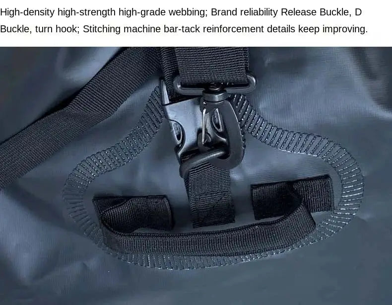 Simples Market waterproof duffle bag 40–120L for motorcycle tail, black with heavy-duty straps and clip buckle.