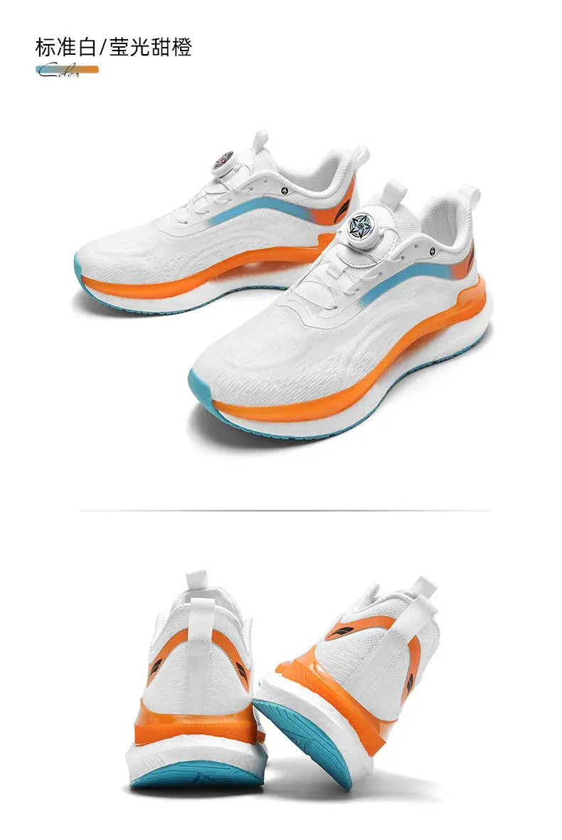 Simples Market white running sneakers, orange midsole with blue accents, pair.