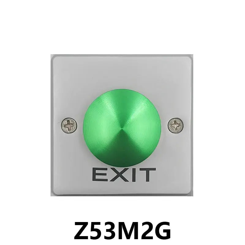 Exit button switch with green zinc alloy push button labeled EXIT on square metal faceplate