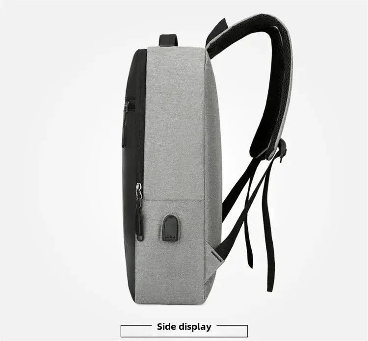Simples Market anti-theft waterproof laptop backpack in gray with black panels, side view.