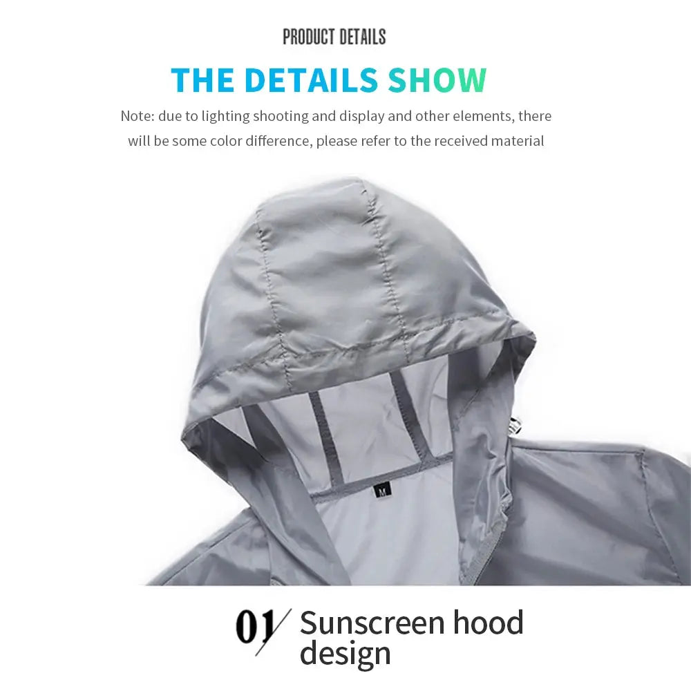 Men's sun-protection hooded cycling jacket in light gray, anti-UV outdoor sports coat.