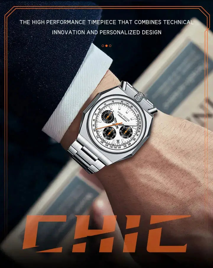 MINI FOCUS men's chronograph watch with stainless steel strap, calendar, luminous dials, waterproof.