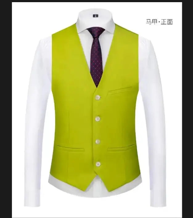 Men's lime green waistcoat over white dress shirt with purple tie