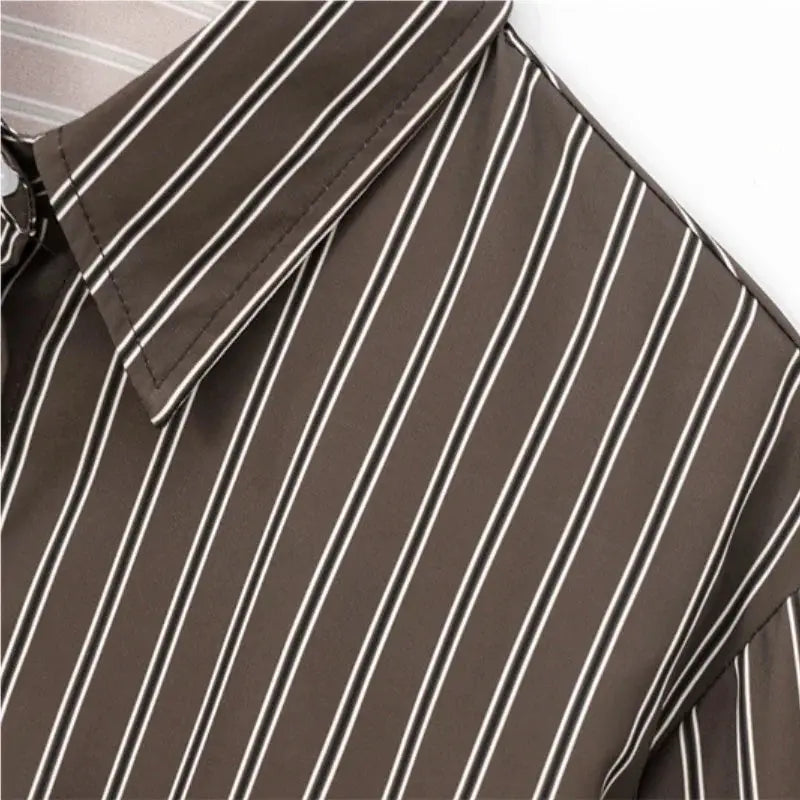 Simples Market striped women's blouse, brown with white vertical stripes, turn-down collar, long sleeves