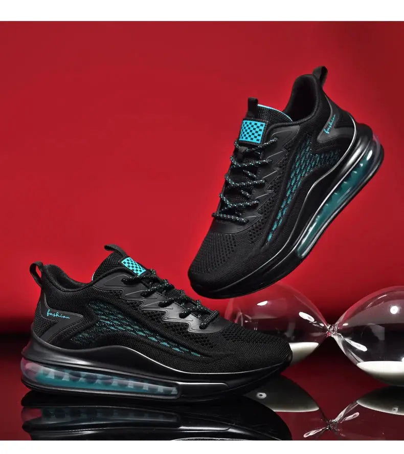 Men's sneakers by Simples Market, black mesh athletic pair with teal accents and air-cushioned sole.