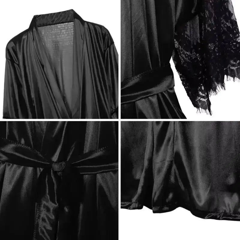 LuxeSilk Night Gown Robe With Floral Lace G String Set Silky Satin Sleepwear For Women