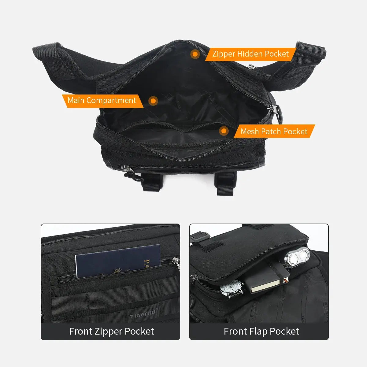 Tigernu chest bag for men, outdoor messenger sling bag in black with front zipper pockets and hidden zipper pocket