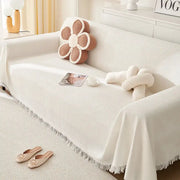 Sofa throw blanket in cream knit with fringe, full-coverage cushion cover for all-season use