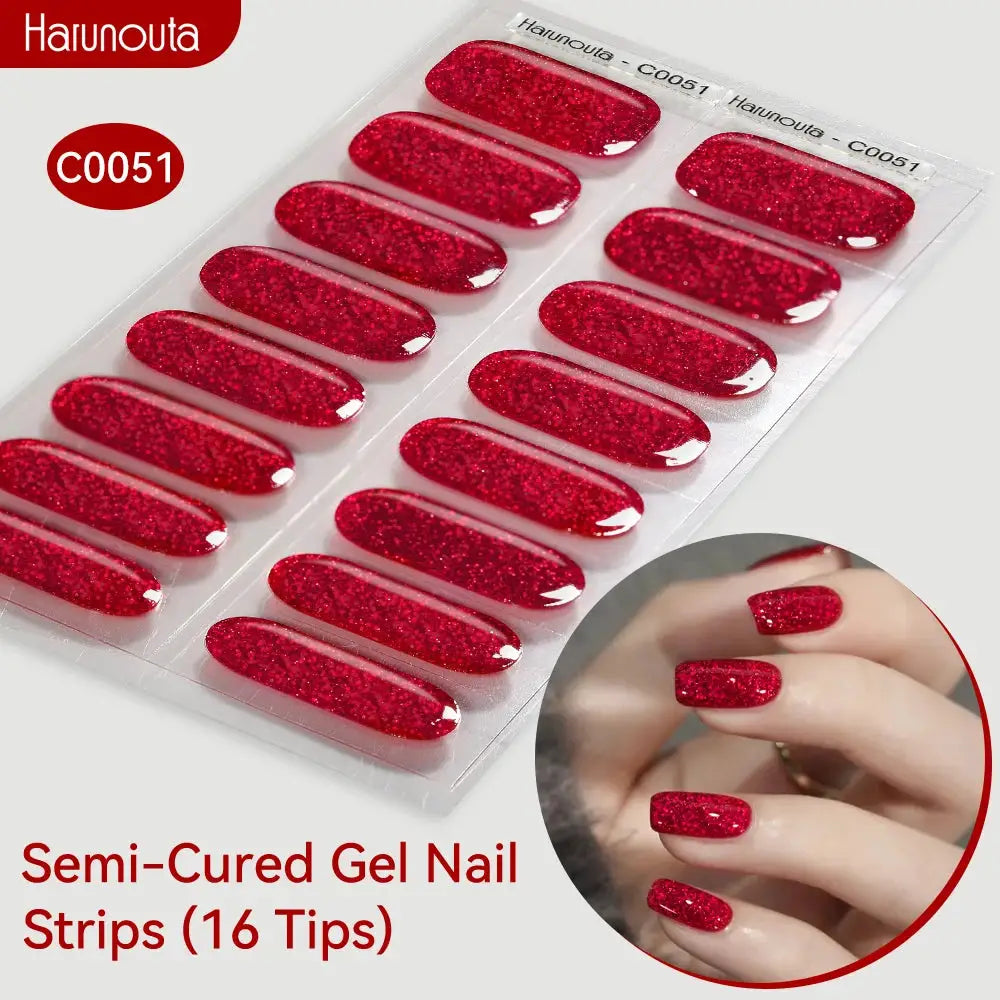 Harunouta semi-cured gel nail strips C0051, red glitter gradient, 16 tips for UV/LED lamps