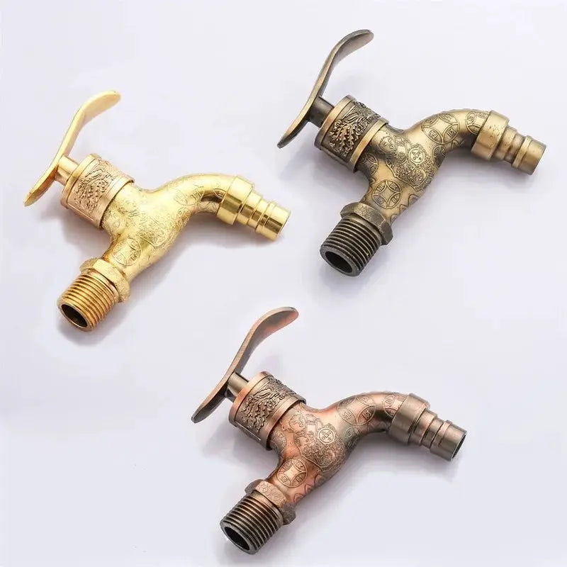 Three outdoor wall-mounted antique faucets in zinc-alloy with gold, bronze, and copper finishes