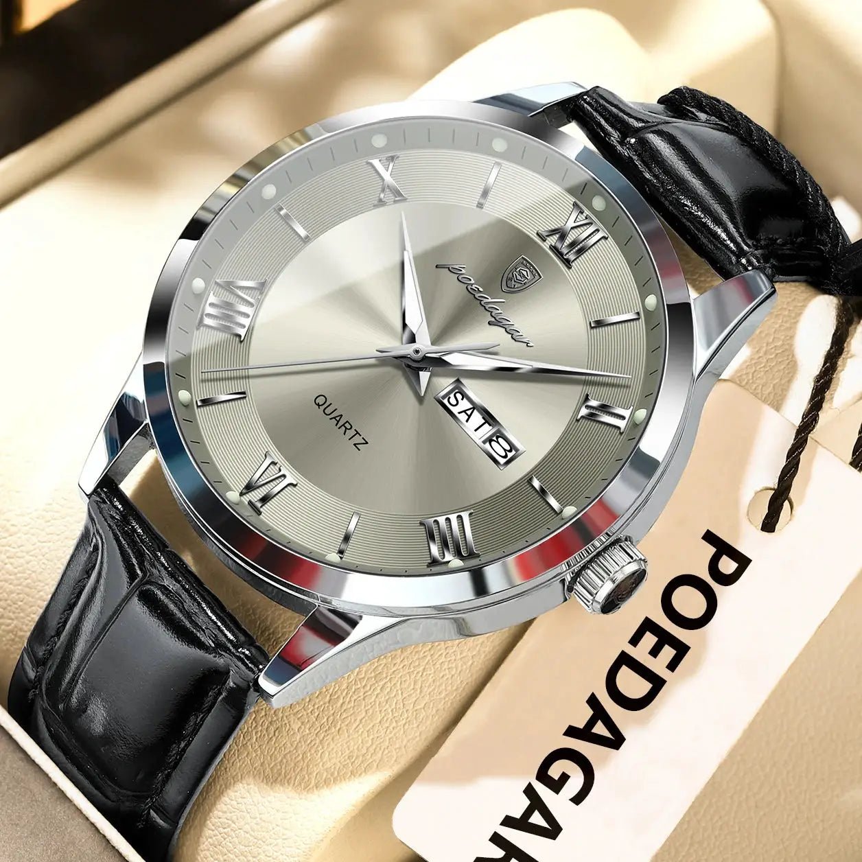 POEDAGAR Original Men Leather Strap Quartz Watch Luminous Waterproof Stainless Steel Case Timepiece