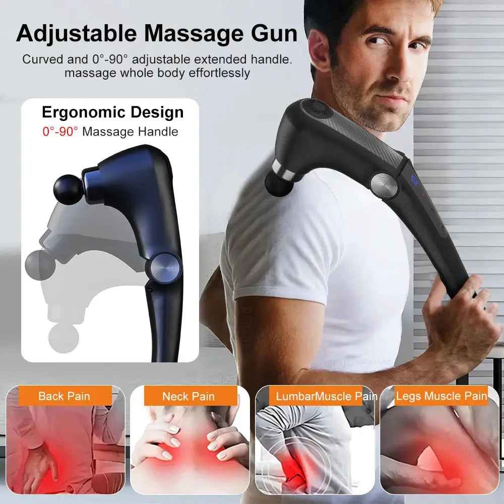 Fascia massage gun by Simples Market, black ergonomic handheld massager with curved 0–90° adjustable handle.