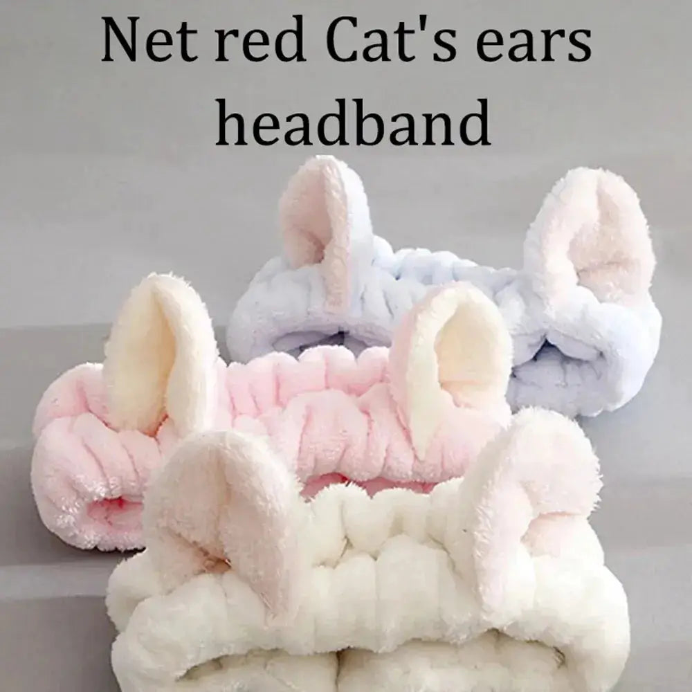 Cat Coral Plush Hairband With Bow For Makeup And Face Washing Soft Cute Headband For Hair Care