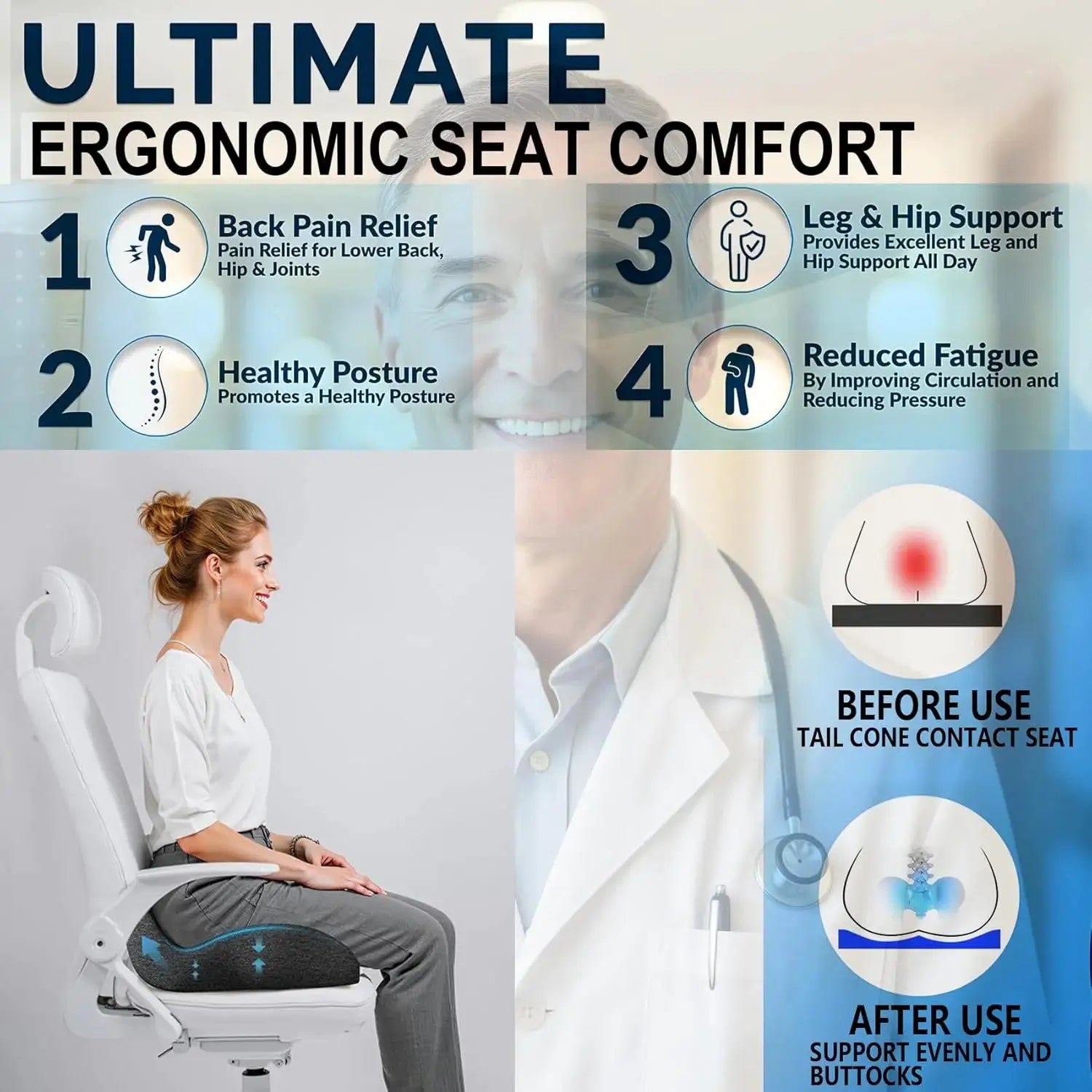 Ergonomic memory foam seat cushion by Simples Market, heavy-duty pad with removable cover for lower-back support