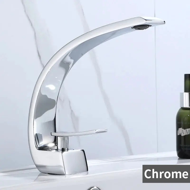 Basin faucet chrome finish, modern curved single-handle bathroom mixer.