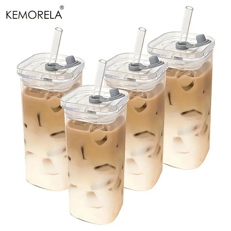 Square Heat Resistant Glass Transparent Cups With Lids And Straws Set Of 1 2 4 6 For Coffee Milk Tea Juice Mug