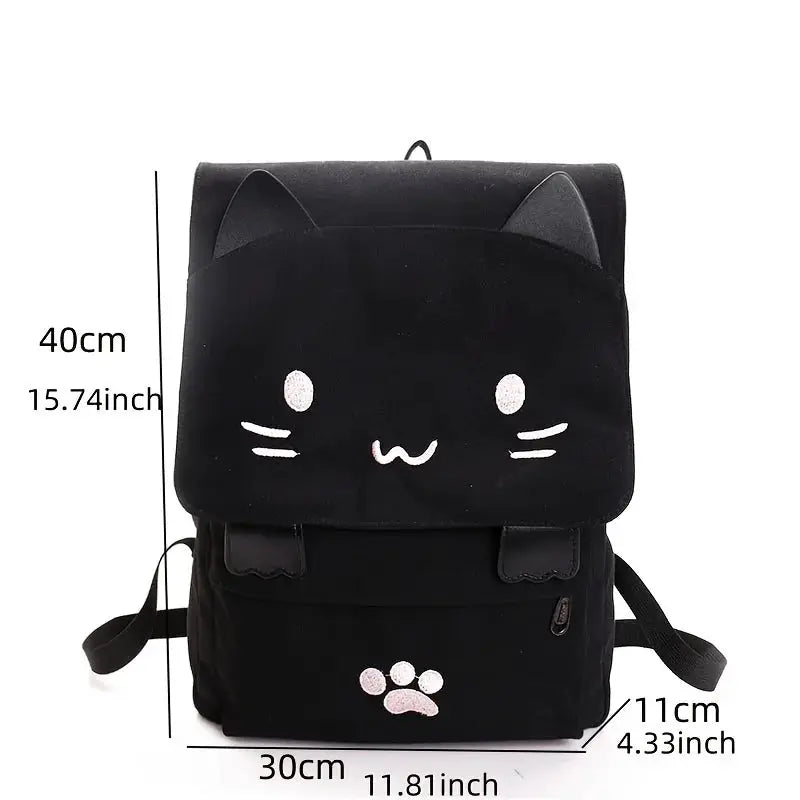 Japanese Stupid Cute 3D Cat Large Capacity Book Bag, black backpack with cat-ear flap and paw print