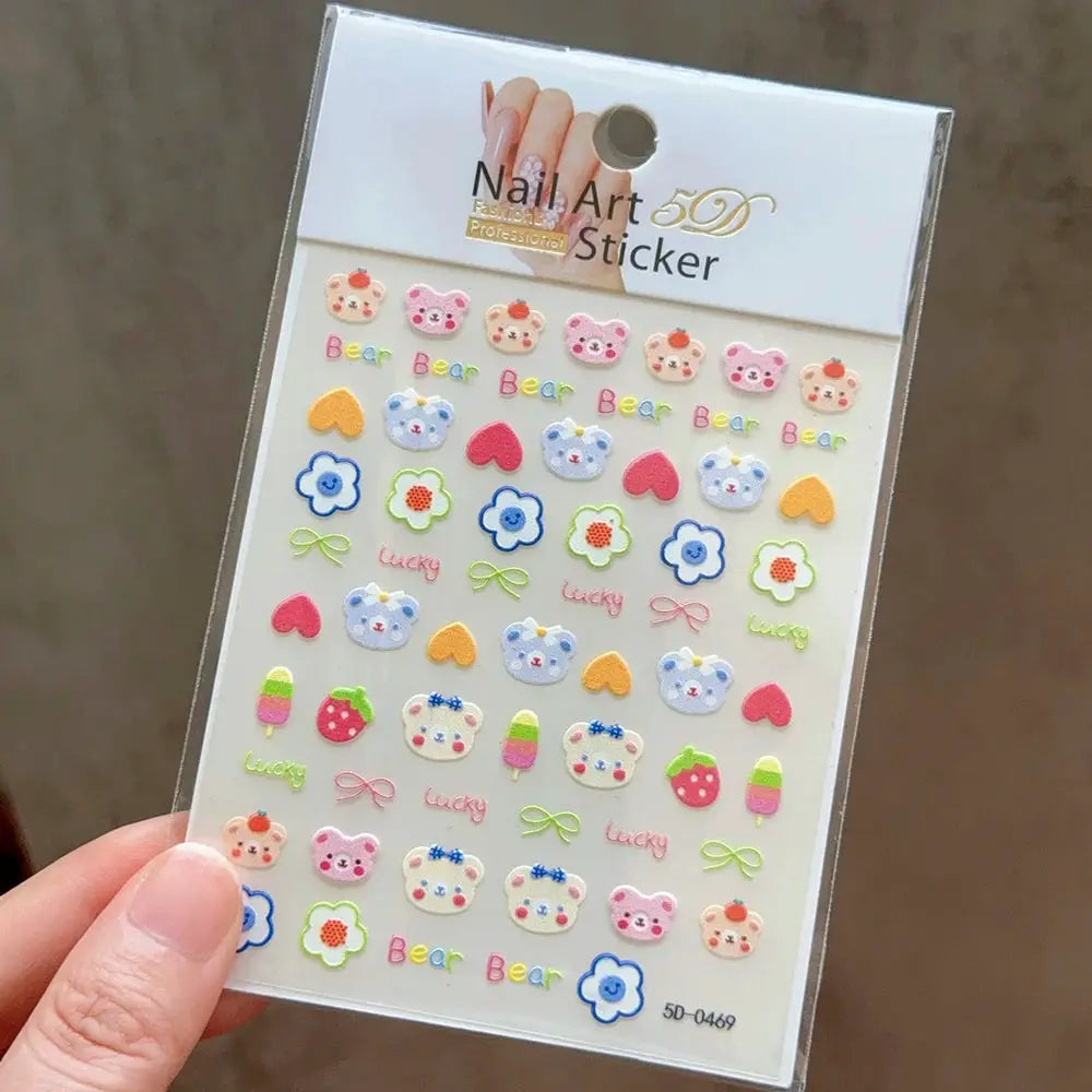 Simples Market 5D nail art sticker sheet with colorful bear, flower and fruit decals