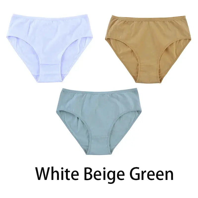 3-piece women's seamless cotton panties set in white, beige and green