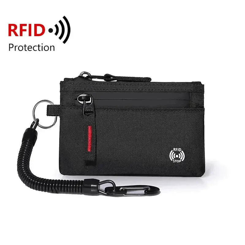 Zipper RFID wallet mini coin purse in black nylon with key ring, coiled lanyard and carabiner