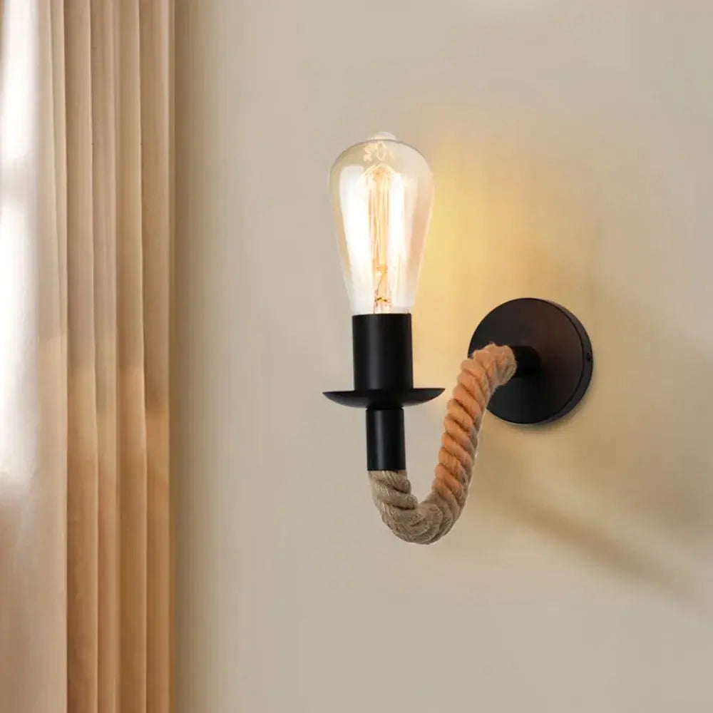 Wall lamp with retro hemp rope arm and E27 Edison bulb, black iron