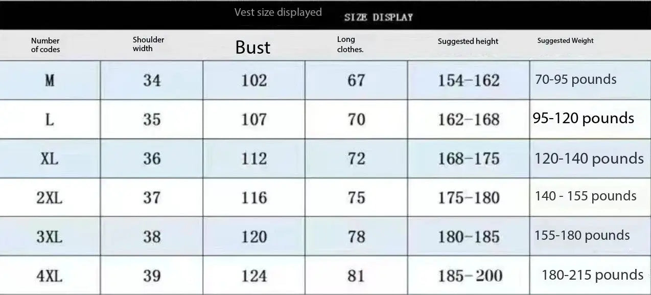 Simples Market Summer gym tank top size chart showing bust, length and weight ranges from M to 4XL