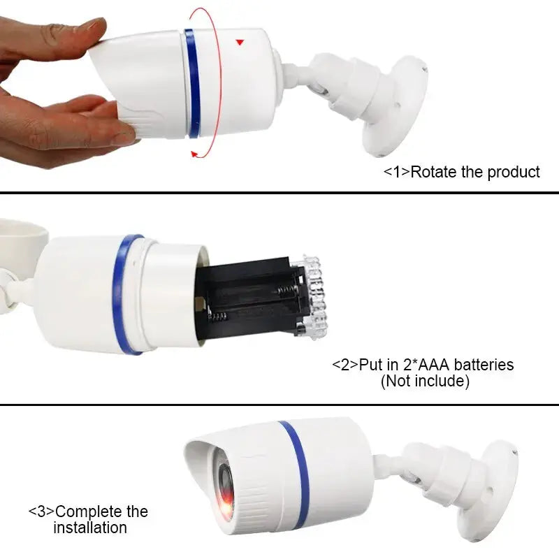 Dummy CCTV dome camera by Simples Market with LED light, white housing and blue ring for indoor/outdoor use