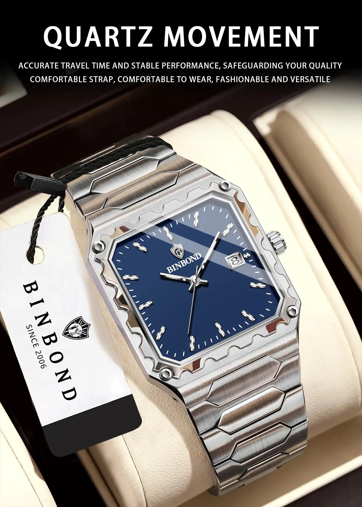 BINBOND men's luxury quartz wristwatch with blue dial, date display, luminous markers, stainless steel bracelet