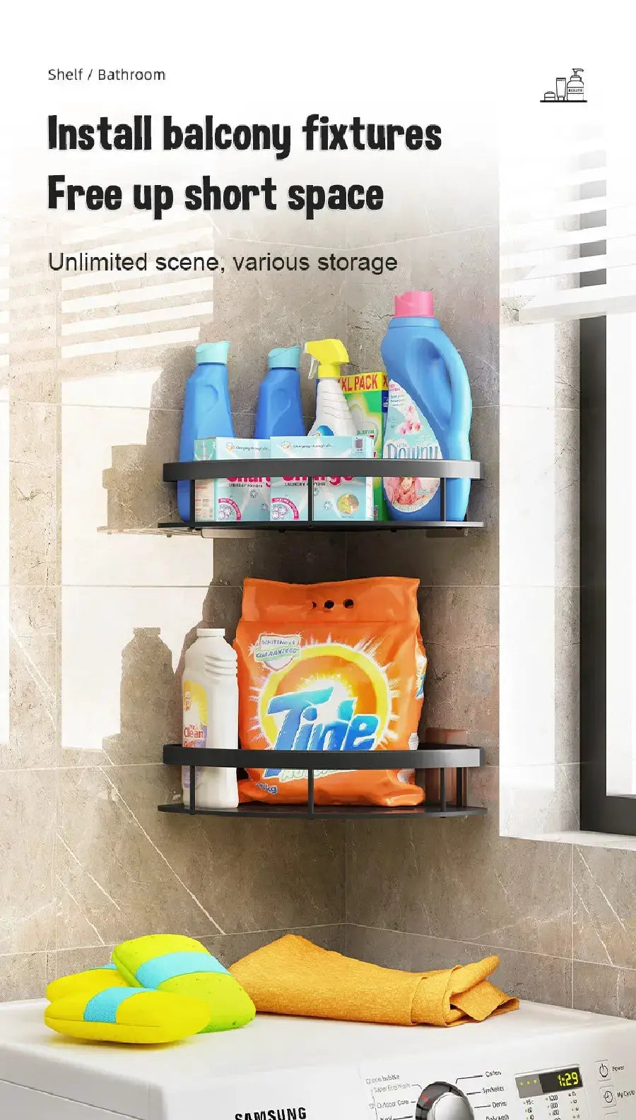 Bathroom wall-mounted aluminum corner shower shelf, no-drill, two-tier storage