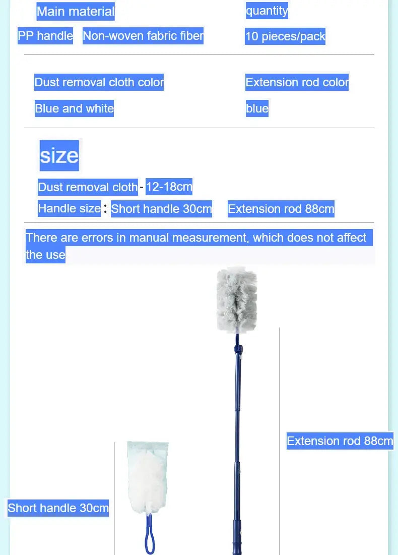 Extended pole dust collector by Simples Market with blue extension rod and blue and white disposable non-woven cloths (10 pcs)