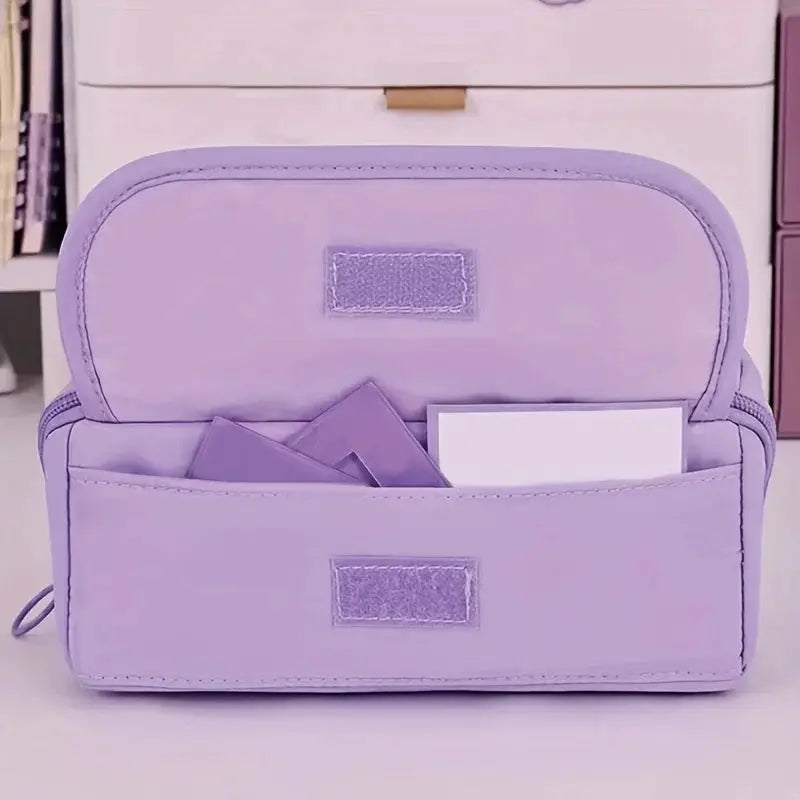 Pencil case, lavender fabric, large-capacity with front storage pocket for stationery
