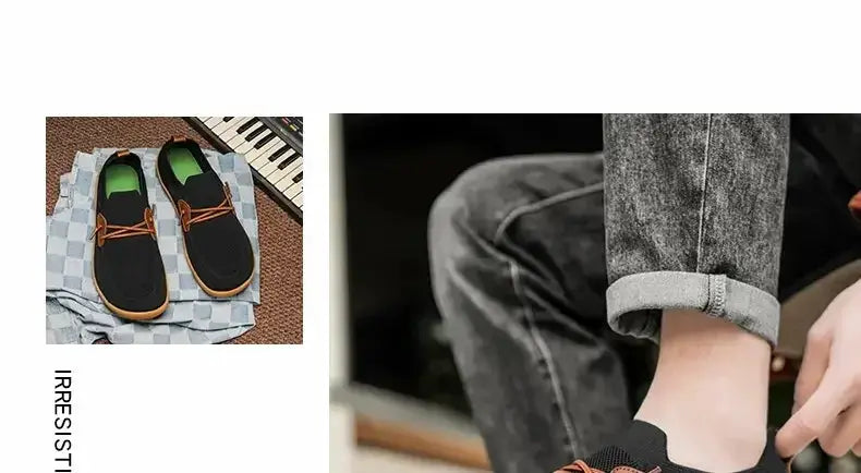 Simples Market barefoot shoes, minimalist casual wide version, black with orange laces; two-view display