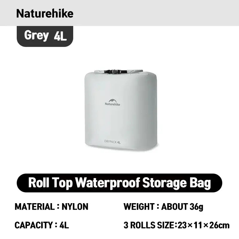 Naturehike rolled storage bag, grey nylon 4L waterproof organizer with roll-top closure