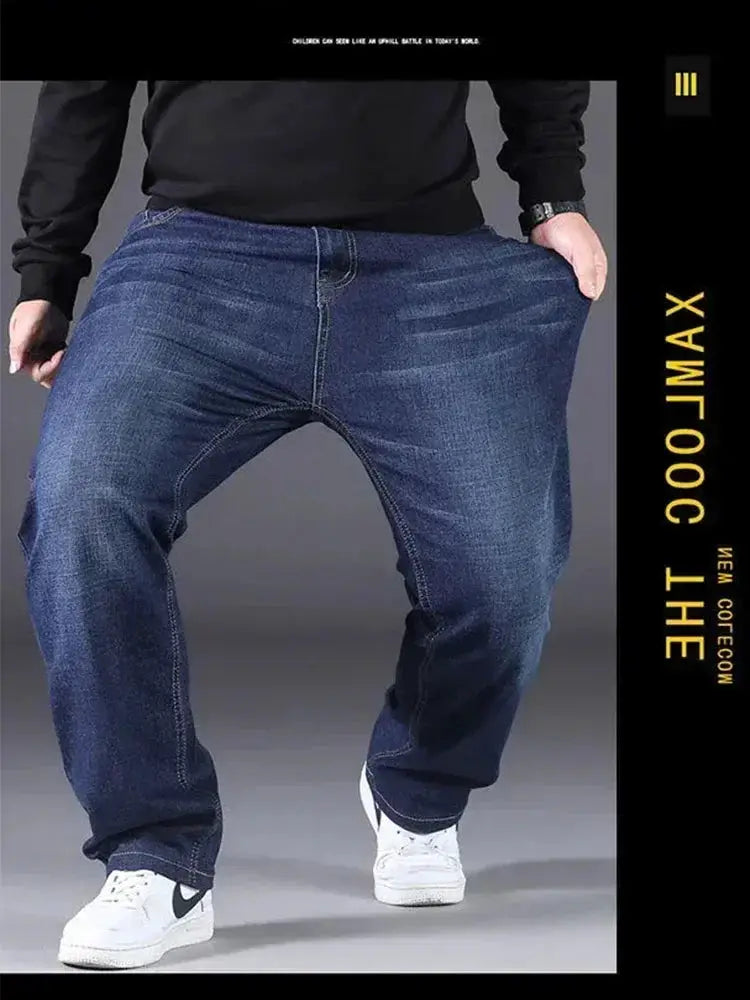 Men's oversized blue denim jeans, loose-fit plus-size trousers