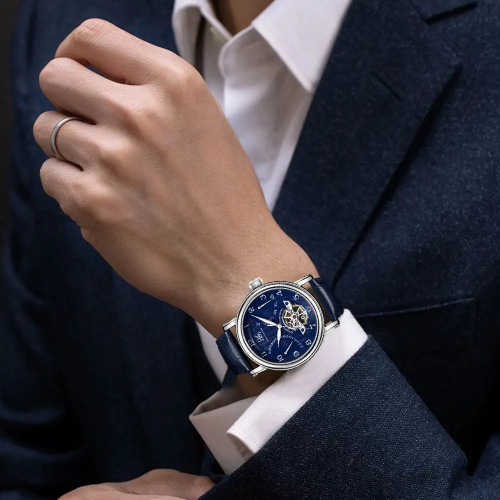 Shanghai Watch 42mm automatic blue open-heart dial, stainless steel case, navy leather strap, butterfly buckle