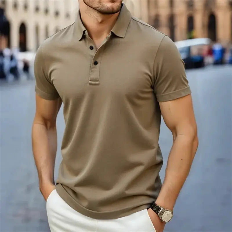 Men's polo shirt by Simples Market in tan; short sleeves, breathable fabric.