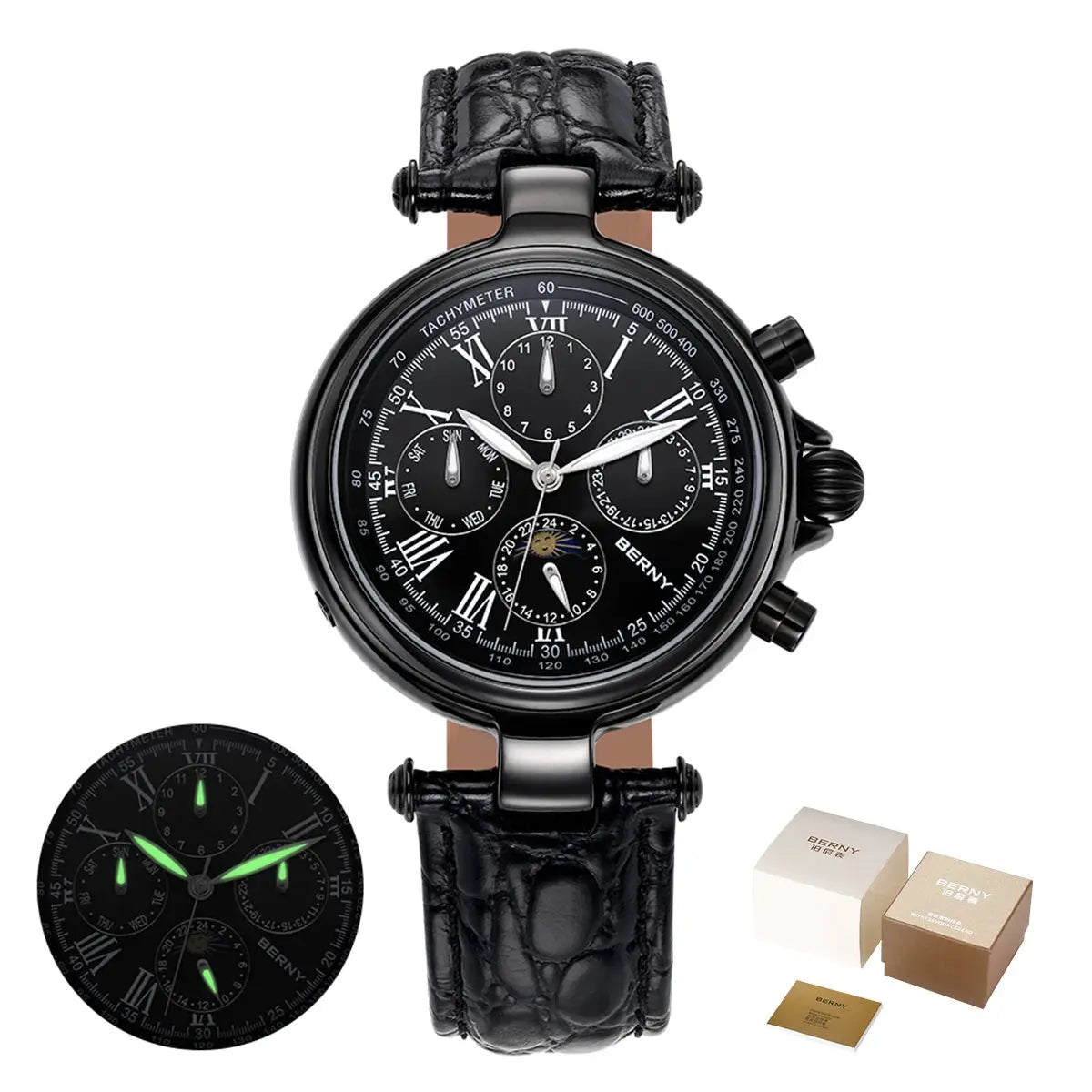 BERNY Retro Automatic Men's Watch with sun & moon phase, black dial, luminous hands, genuine leather strap